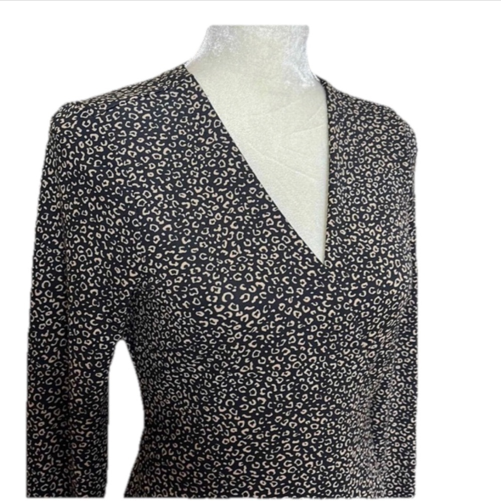Ann Taylor Animal Print Wrap Dress Size 10 Black & Tan Long Sleeve Knee Length - Picture 3 of 7